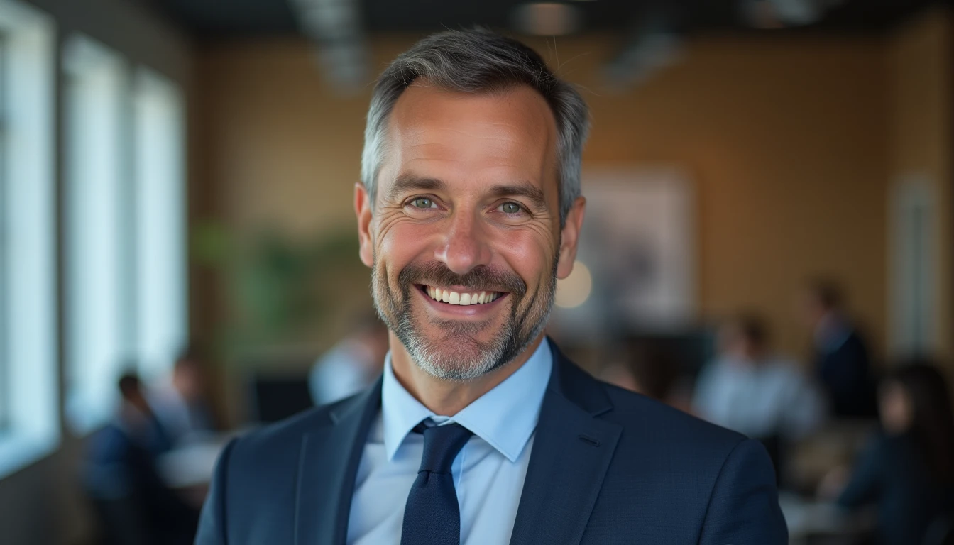 Professional portrait of Jan Müller, CEO, smiling business man in office enviornment